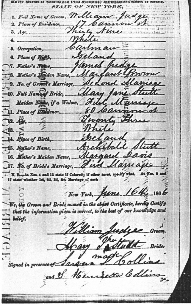 1866 Marriage of William Judge and Mary Jane Stutt